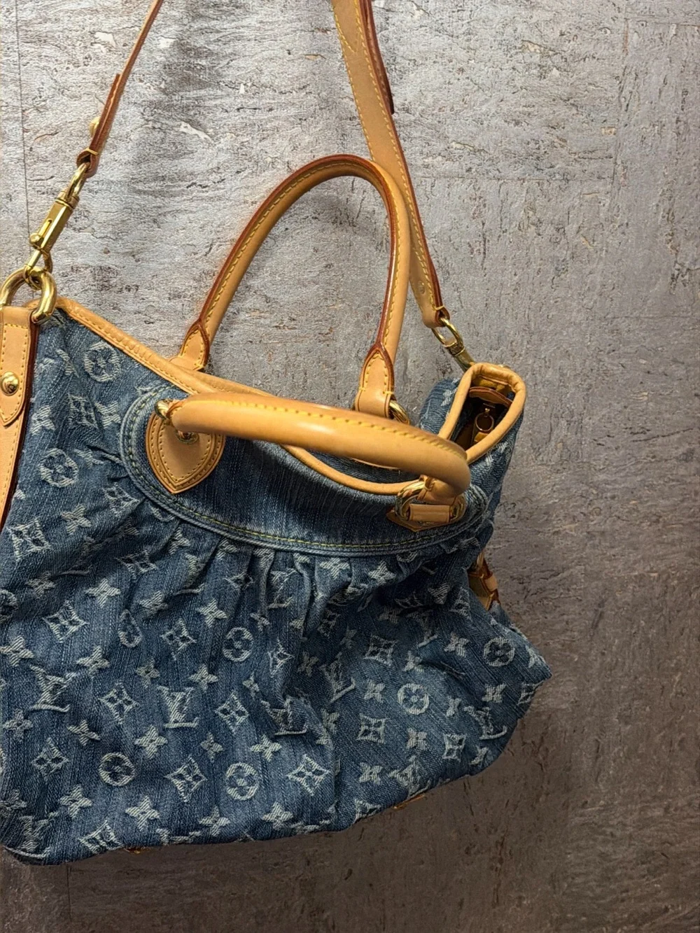 Louis Vuitton Blue Denim Shoulder Bag with Tan Leather Trim